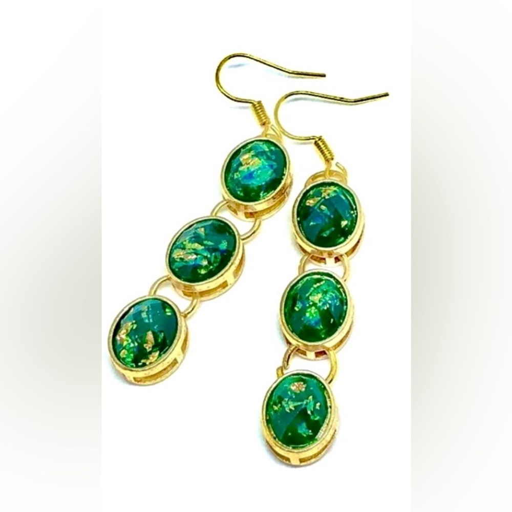 Emerald Green Gold Shimmer Dichroic Acrylic Triple Oval Linear Upcycled Earrings